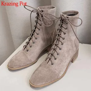 Amozae-krazing pot new online star flock microfiber wholesale customer cross-tied med heels 4cm Chelsea boots round toe ankle boots l78