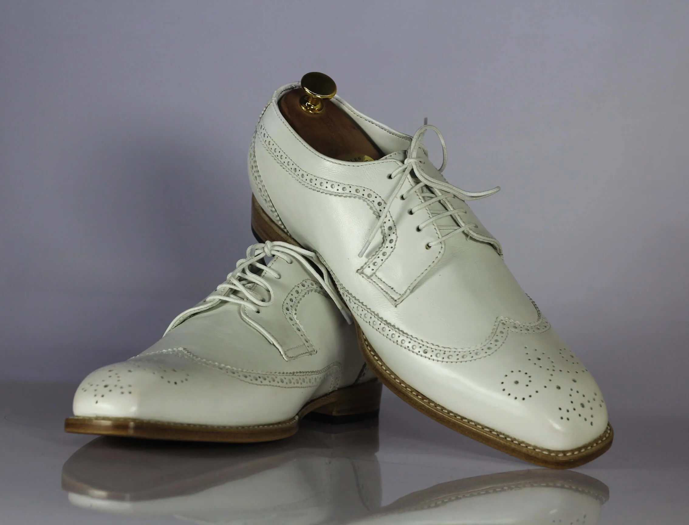 Bespoke Men's White Leather Wing Tip Brogue Lace Up Shoes