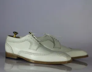 Bespoke Men's White Leather Wing Tip Brogue Lace Up Shoes