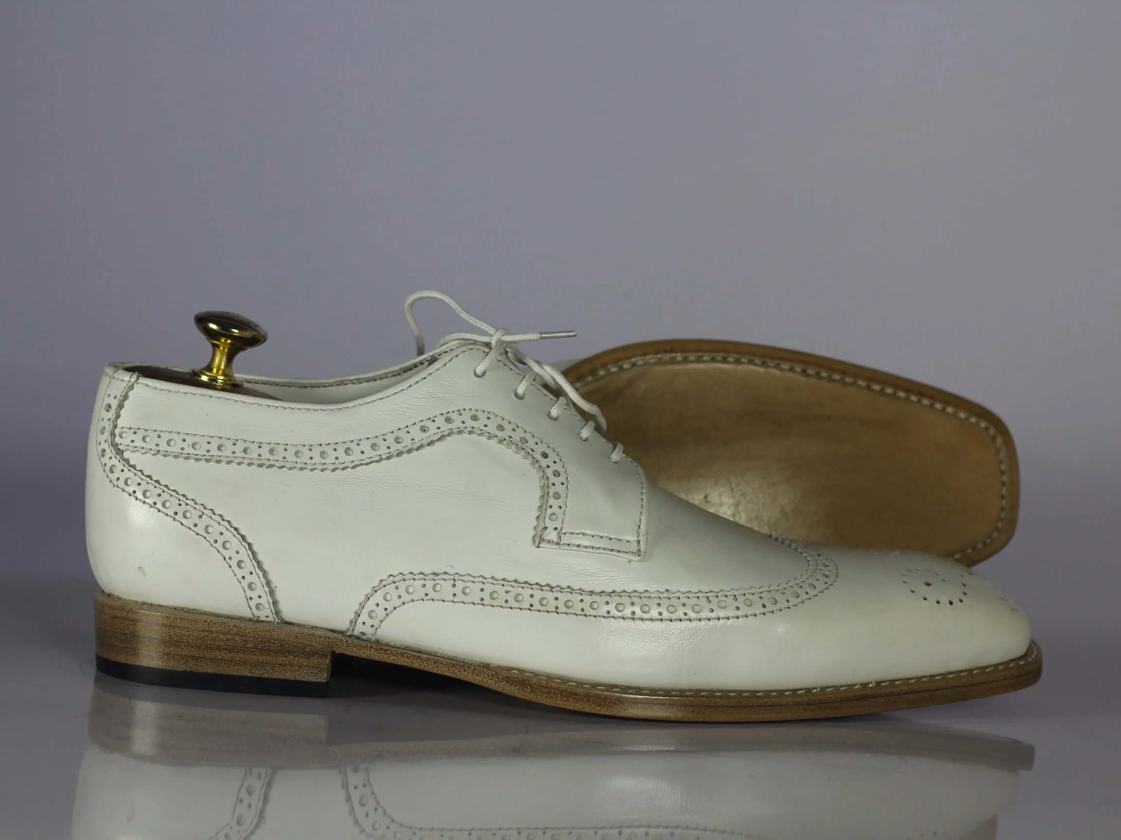 Bespoke Men's White Leather Wing Tip Brogue Lace Up Shoes