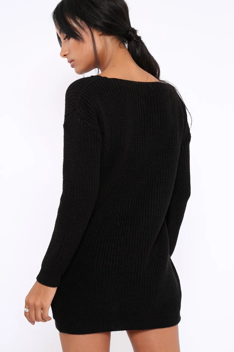 Black Jumper Dress with Twist Knit Detail - Antonia