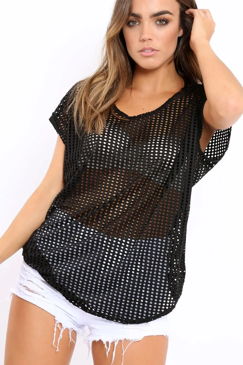 Black Laser Cut Top with Crew neck and Dip Hem - Keelani