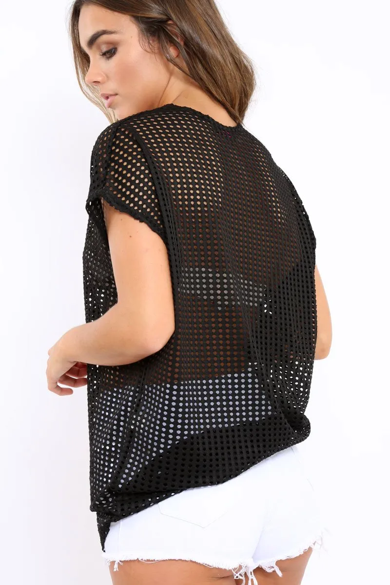 Black Laser Cut Top with Crew neck and Dip Hem - Keelani