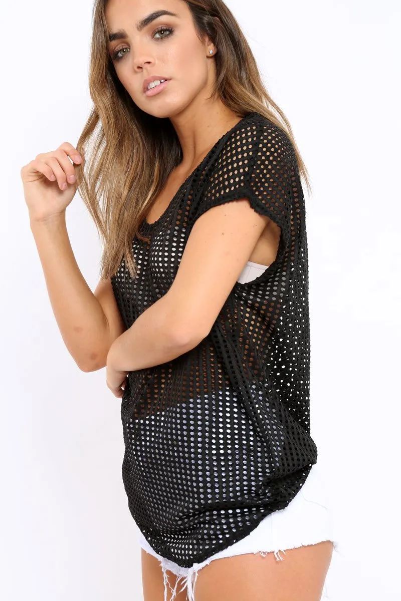 Black Laser Cut Top with Crew neck and Dip Hem - Keelani