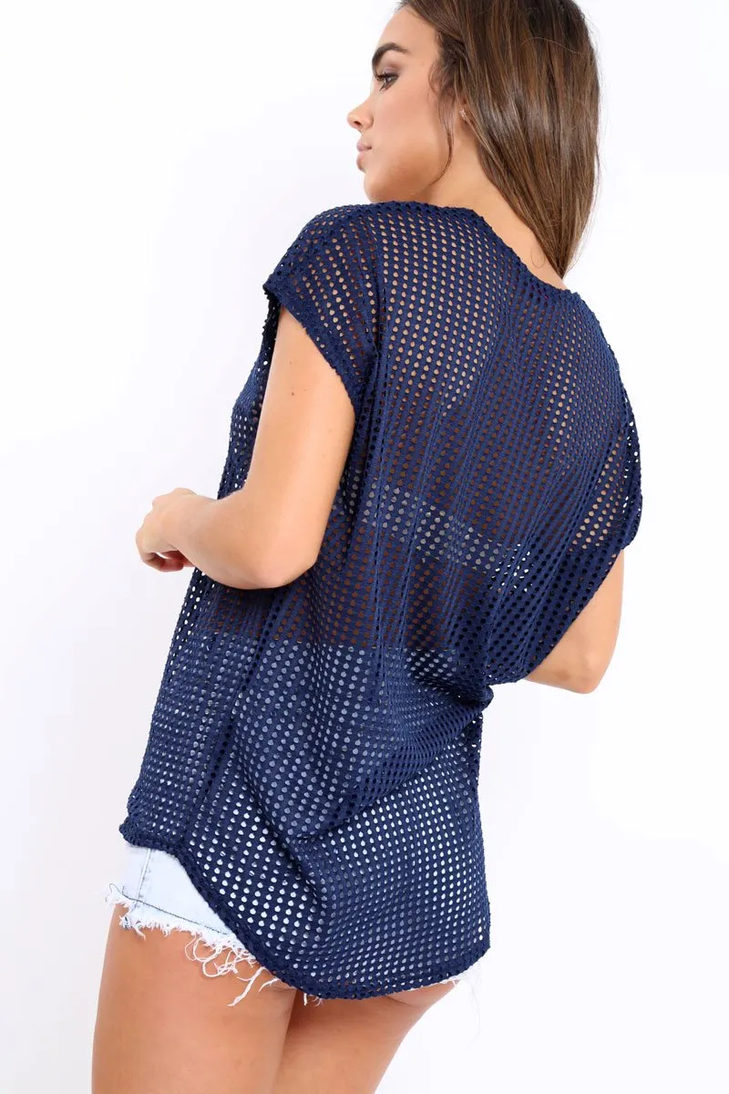 Blue Laser Cut Top with Crew neck and Dip Hem - Keelani