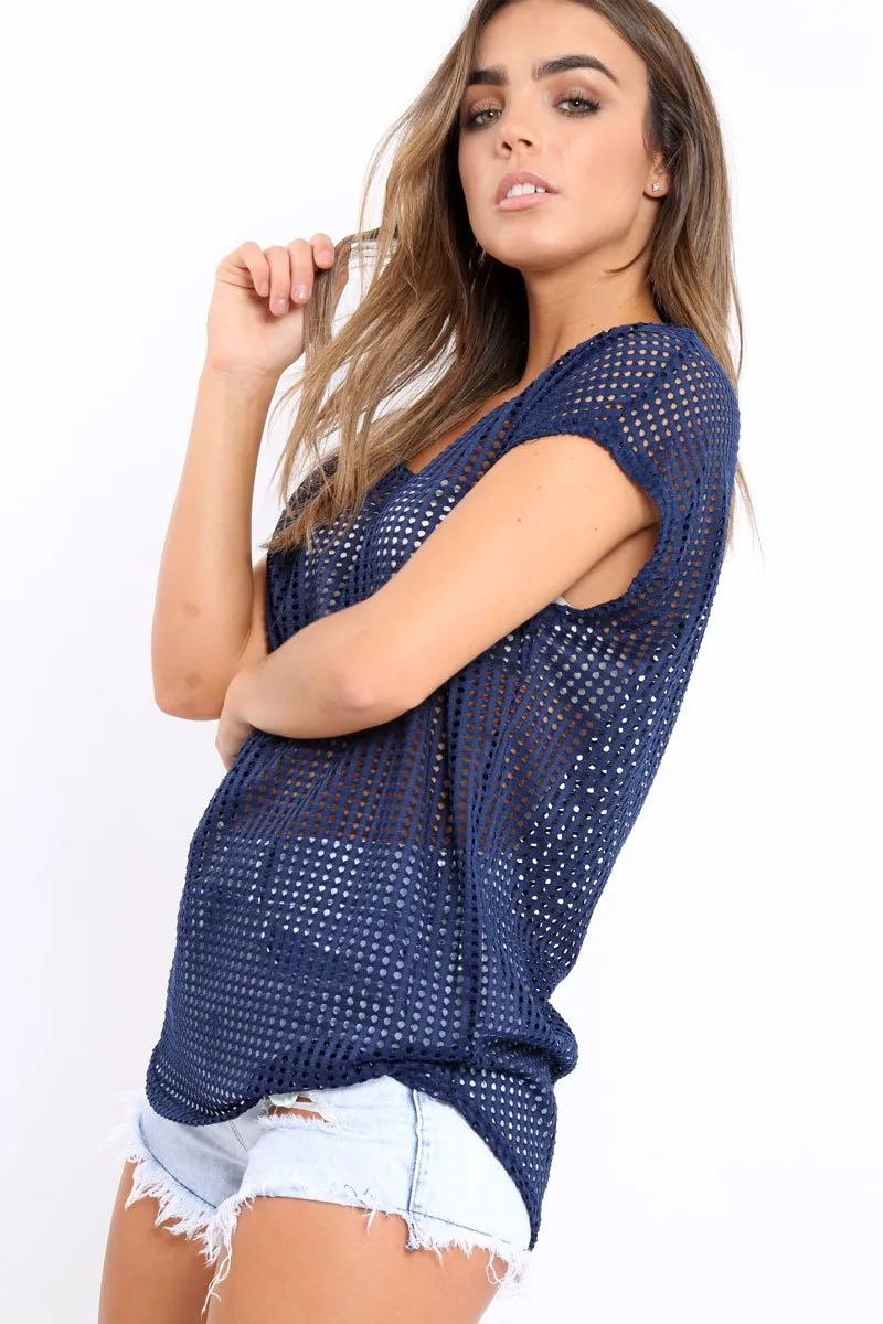 Blue Laser Cut Top with Crew neck and Dip Hem - Keelani