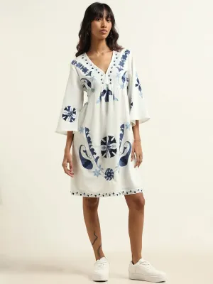 Bombay Paisley White Cotton Blended Linen Dress