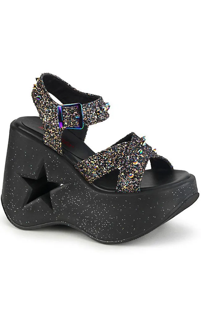 DYNAMITE-02 Black Glitter Wedge Heels