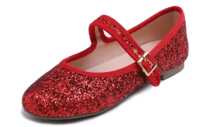 Feversole Women's Soft Cushion Extra Padded Comfort Round Toe Mary Jane Metal Buckle Fashion Ballet Flats Walking Shoes Red Glitter