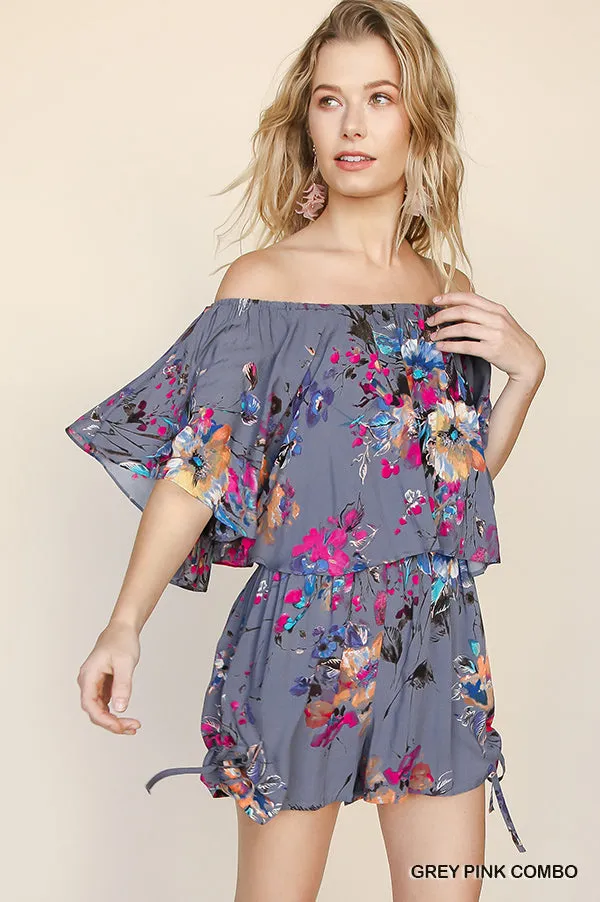 Floral Off Shoulder Romper, Grey Pink