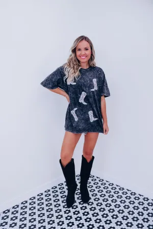 Glitter Cowboy Boots Graphic Tee - Black