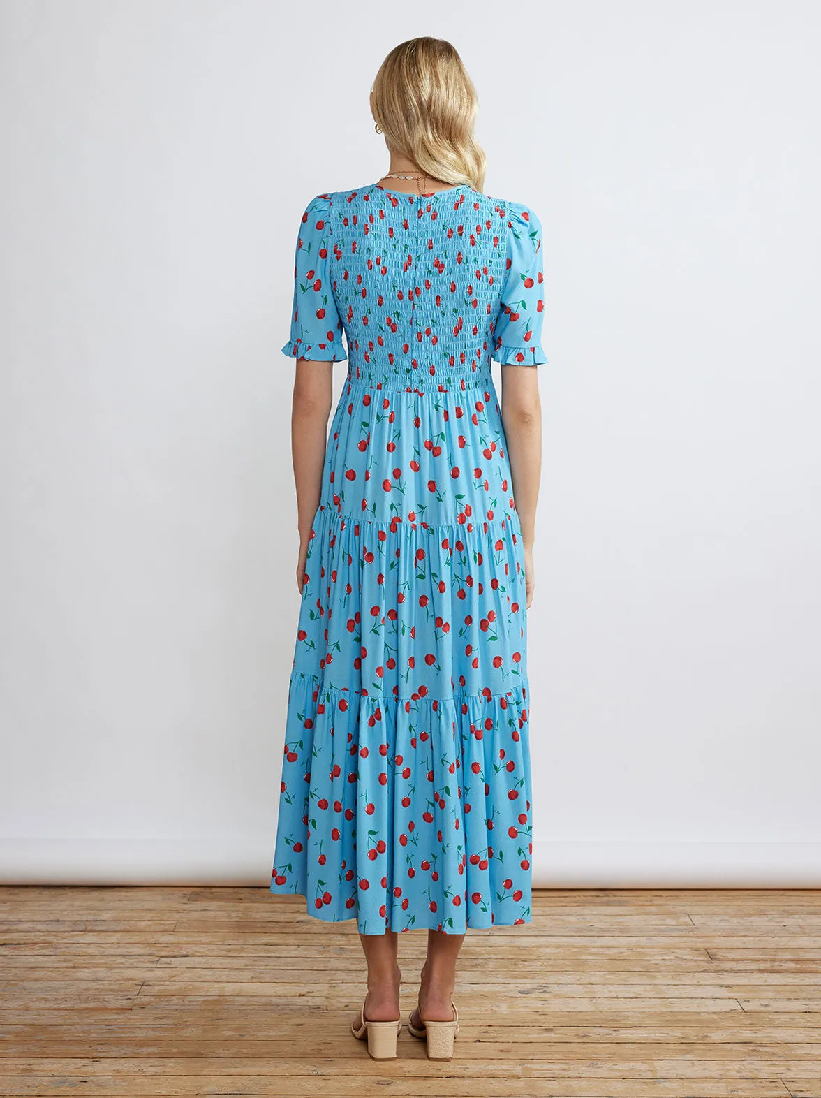 Gracie Blue Cherry Shirred Dress