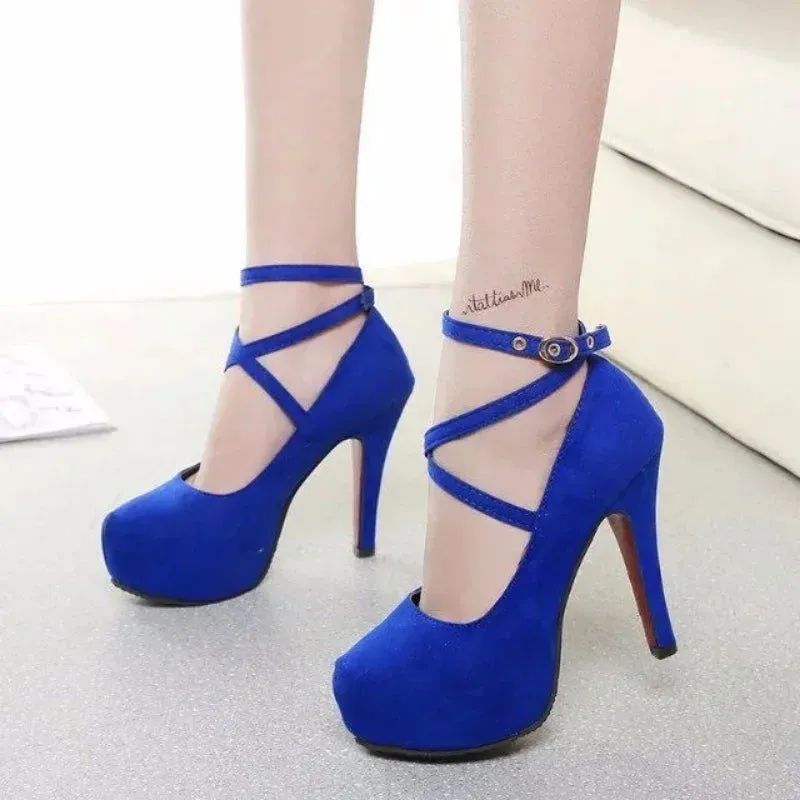 Must-have Buckle Strap Round Toe Super High Heels Shoes