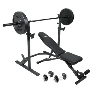 PRCTZ SP2 Homegym Bundle, Includes Two-Piece Olympic Weight Bench with Squat Rack, 7ft Olympic Barbell, 45lb Rubber Bumper Plates Set, 40lb cast-ron Adjustable Dumbbell