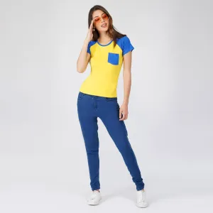 SLAY. Women's Yellow Blue Colorblock Half Sleeves T shirt