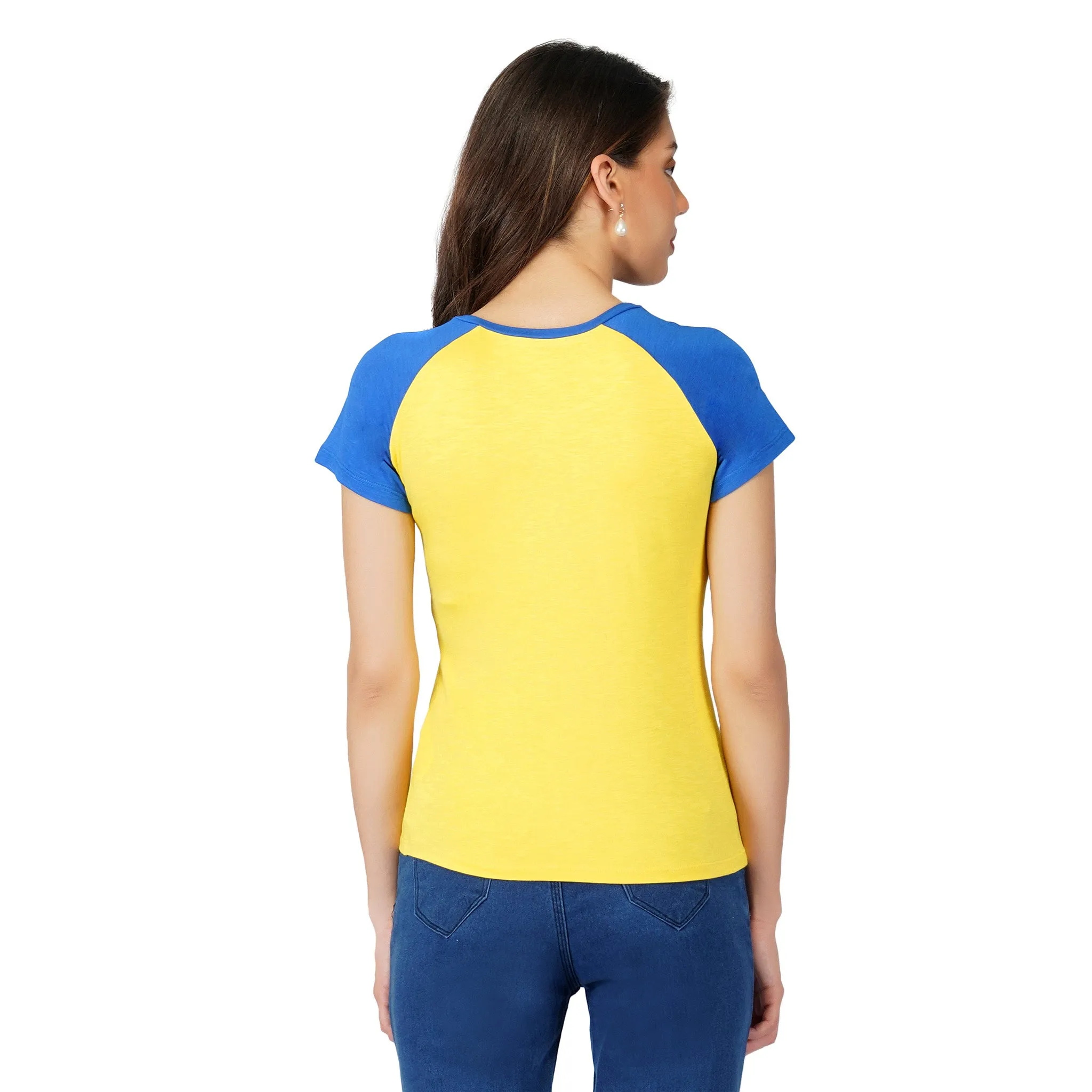 SLAY. Women's Yellow Blue Colorblock Half Sleeves T shirt