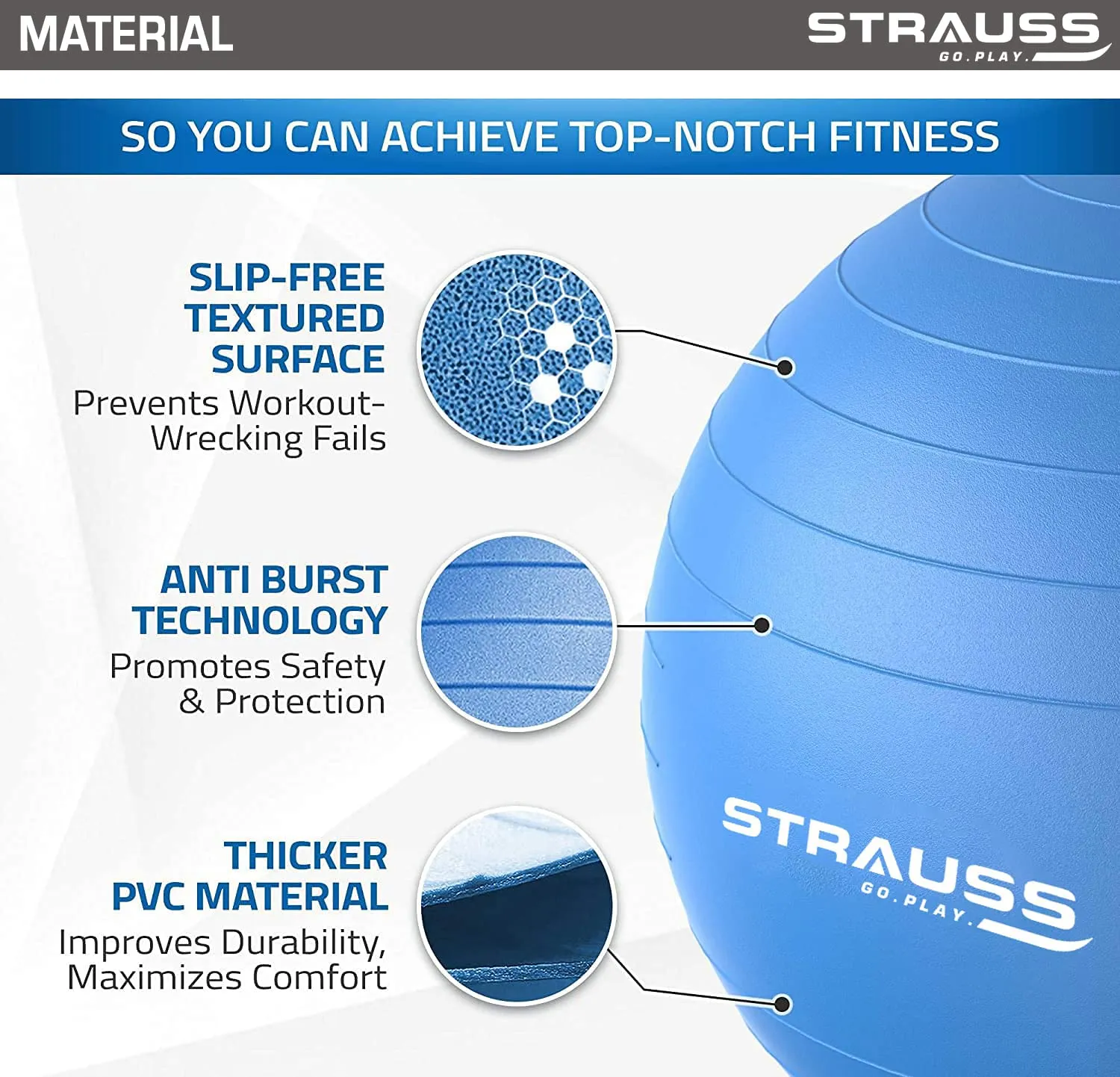 STRAUSS Anti-Burst Rubber Gym Ball with Free Foot Pump | Round Shape Swiss Ball for Exercise, Workout, Yoga, Pregnancy, Birthing, Balance & Stability, 75 cm, (Blue)