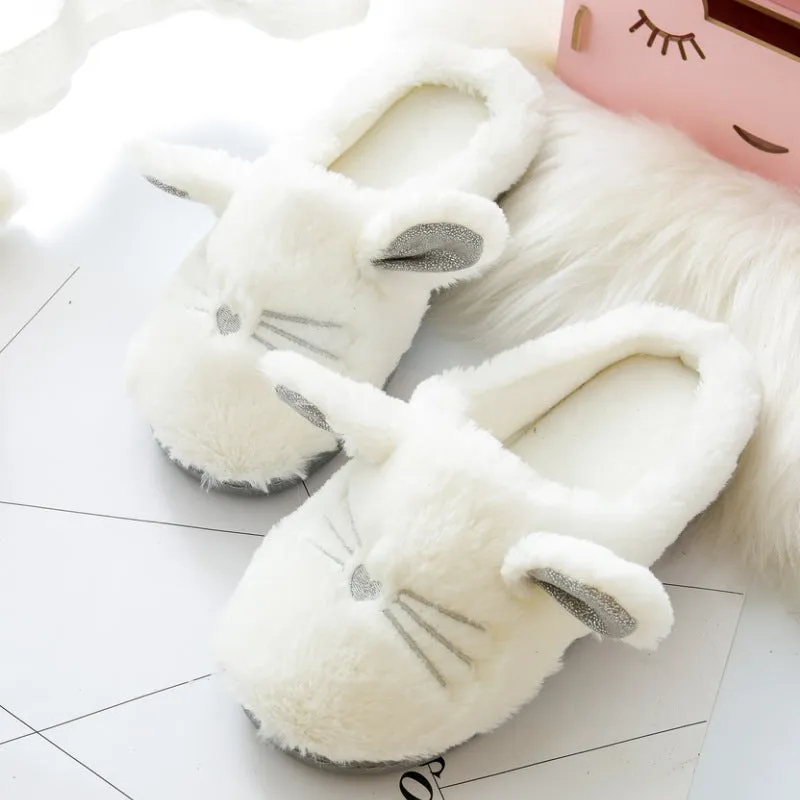 White Fluffy Slippers with Cat Ears for Women