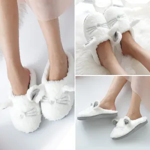 White Fluffy Slippers with Cat Ears for Women