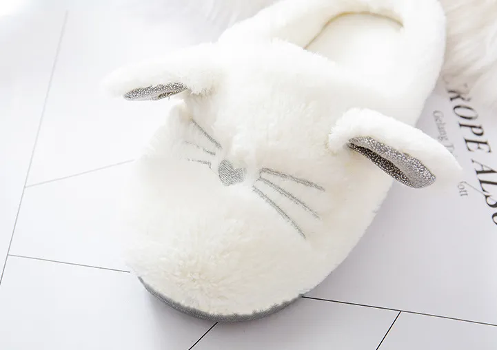 White Fluffy Slippers with Cat Ears for Women