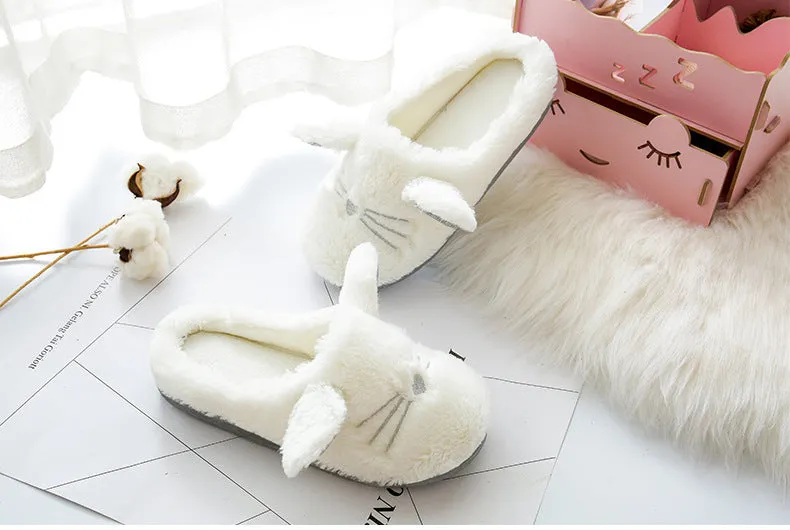 White Fluffy Slippers with Cat Ears for Women