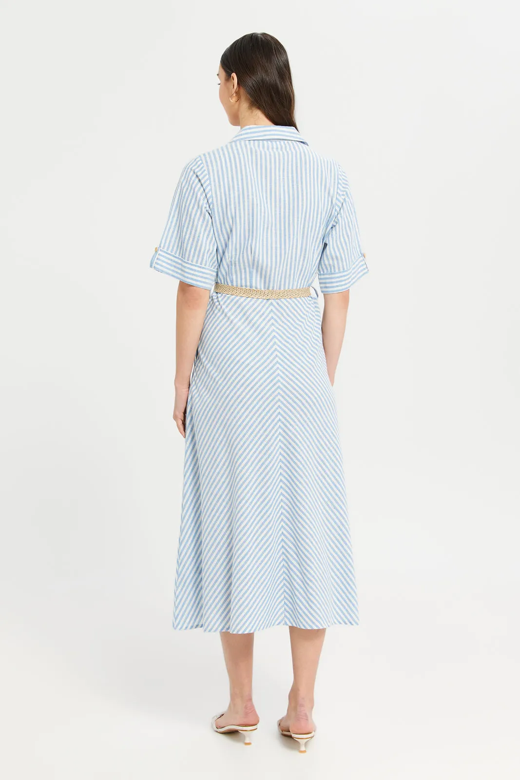 Women Blue Striped Shirt Dress