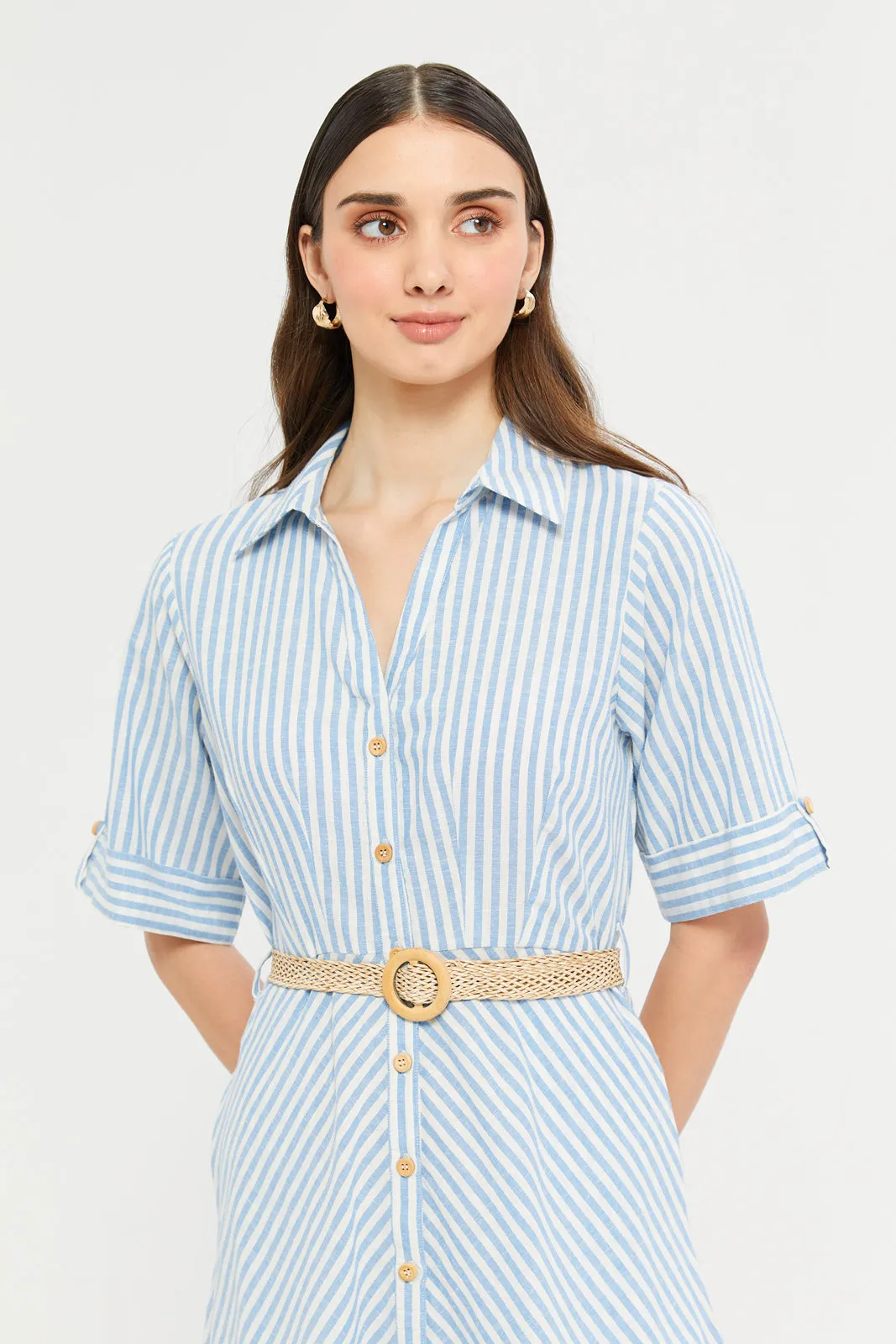 Women Blue Striped Shirt Dress