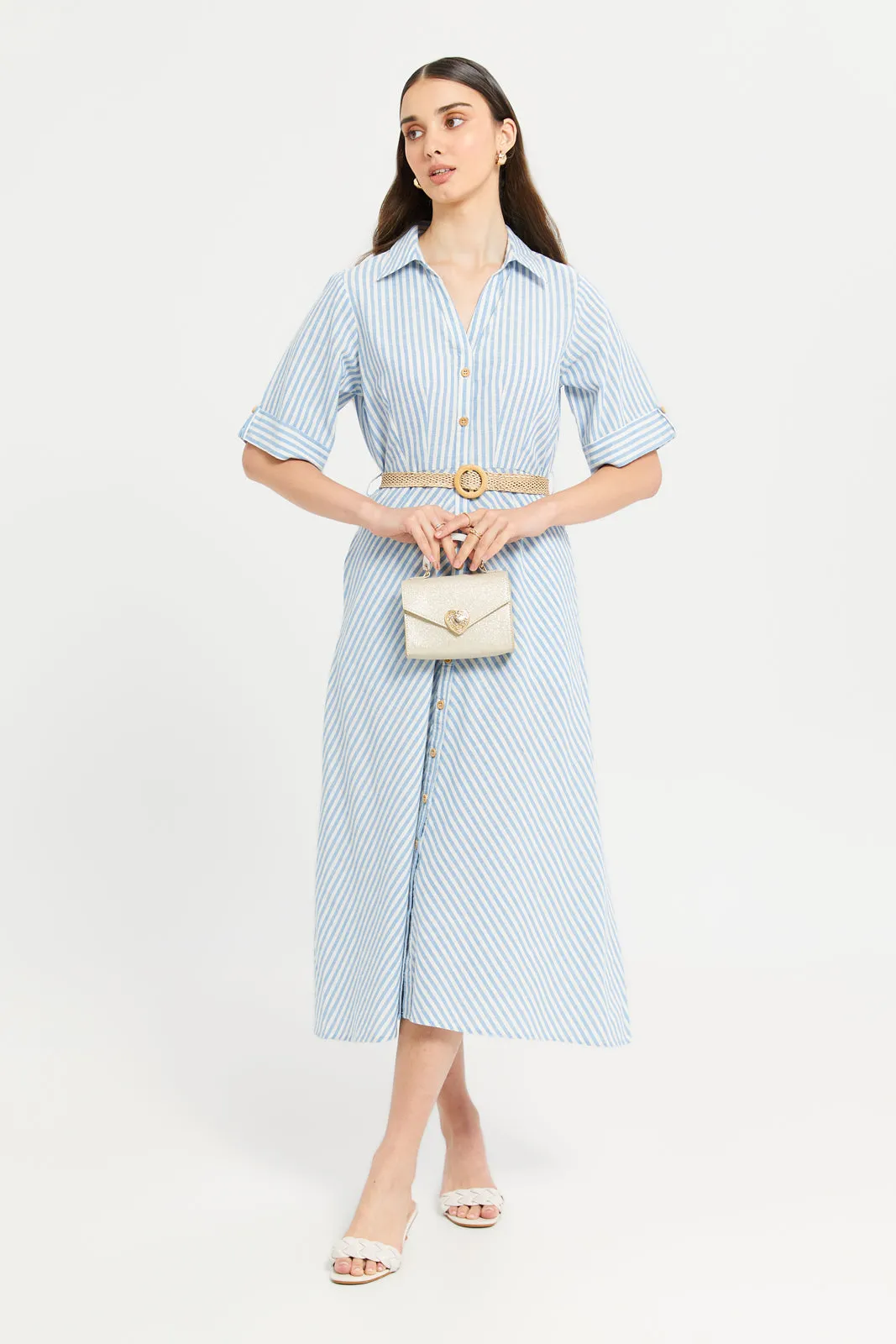 Women Blue Striped Shirt Dress