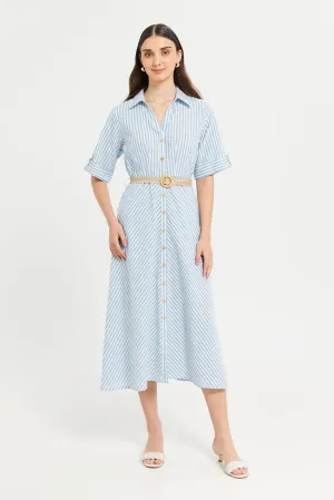 Women Blue Striped Shirt Dress