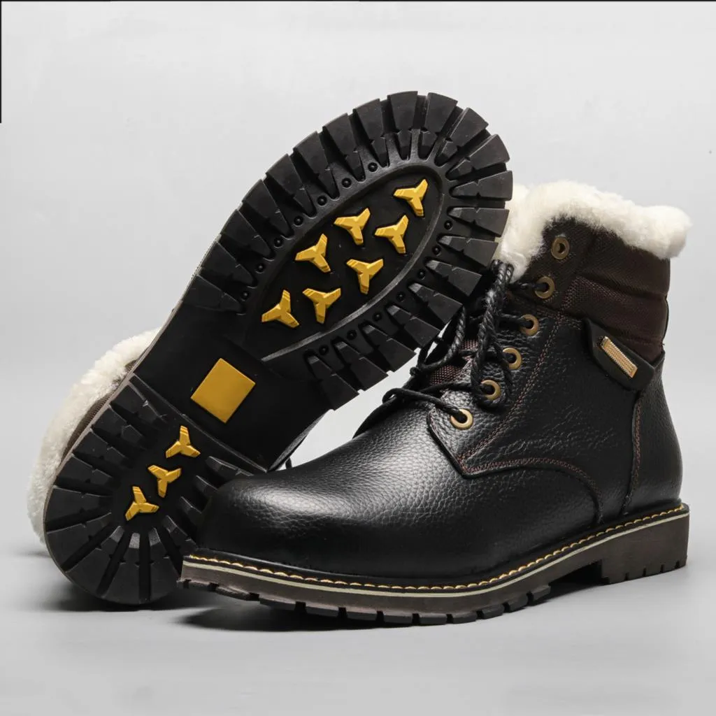 Yeknu Natural Wool Winter Boots Warmest Handmade Men Winter Shoes Genuine Leather Snow Boots