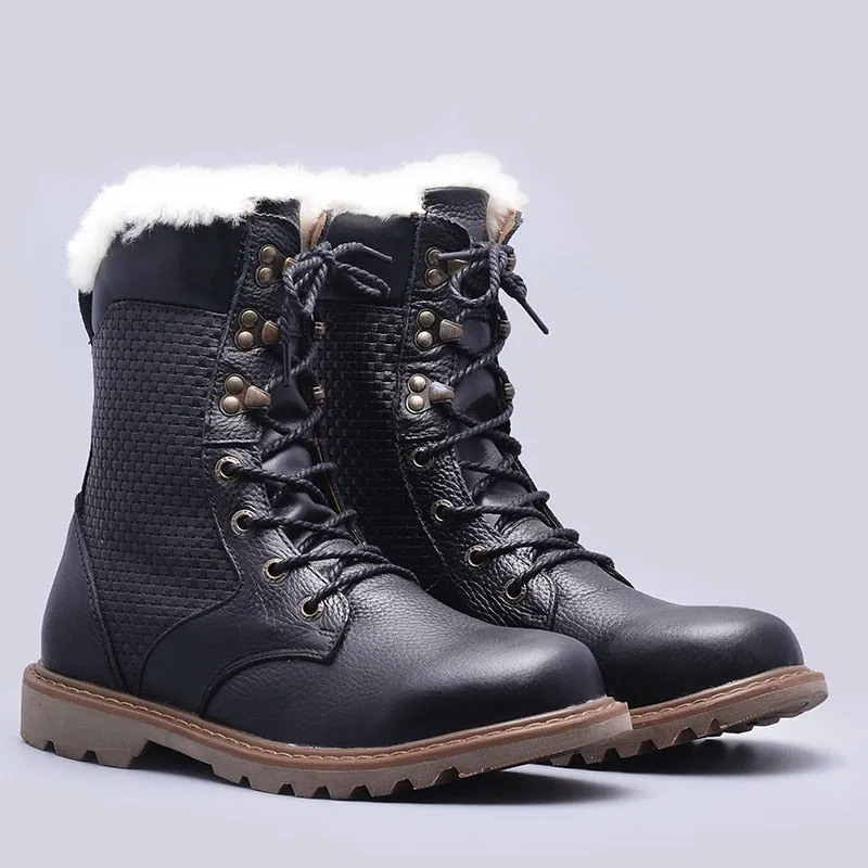 Yeknu Natural Wool Winter Boots Warmest Handmade Men Winter Shoes Genuine Leather Snow Boots